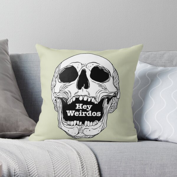 Morbid Podcast. Hey Weirdos skull Throw Pillow RB1506 product Offical Morbid Podcast Merch